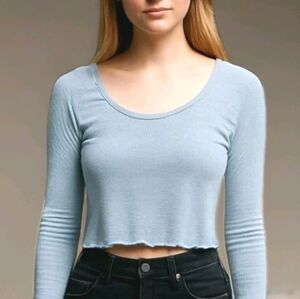 Home Girl Society Cropped Henley Thermal Tee Blue Gray Long Sleeve   L / Vtg 90s